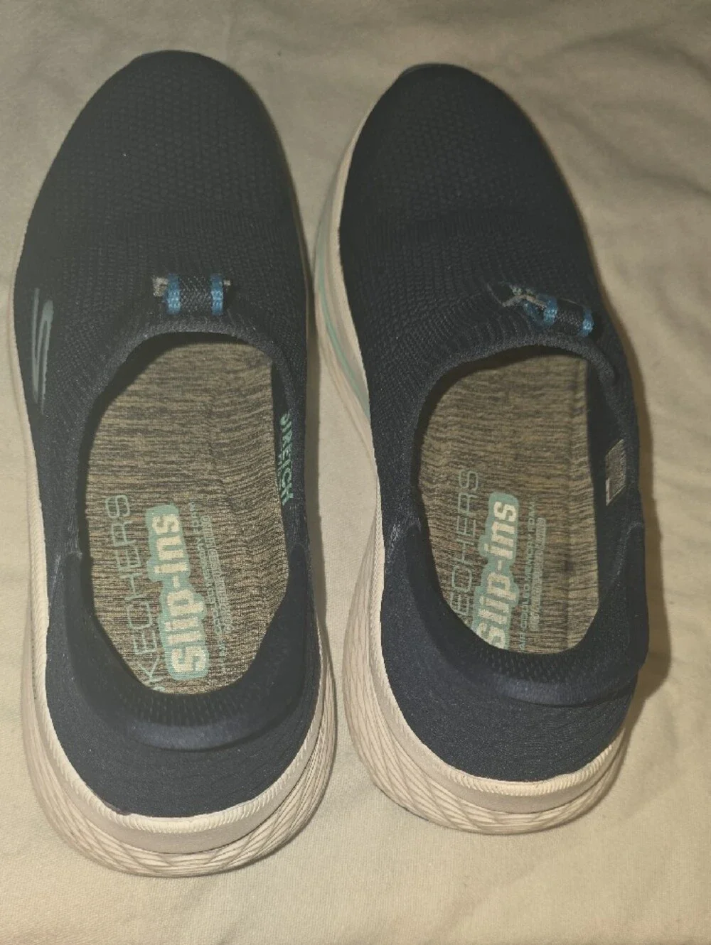 Skechers Slip-On Max Cushion Walking Sneakers in Navy and Light Blue
